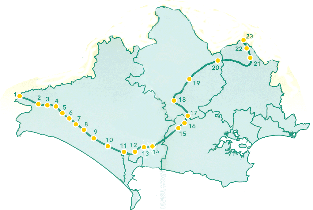 map showing outline of the Jubilee Trail
      and places of interest on the route